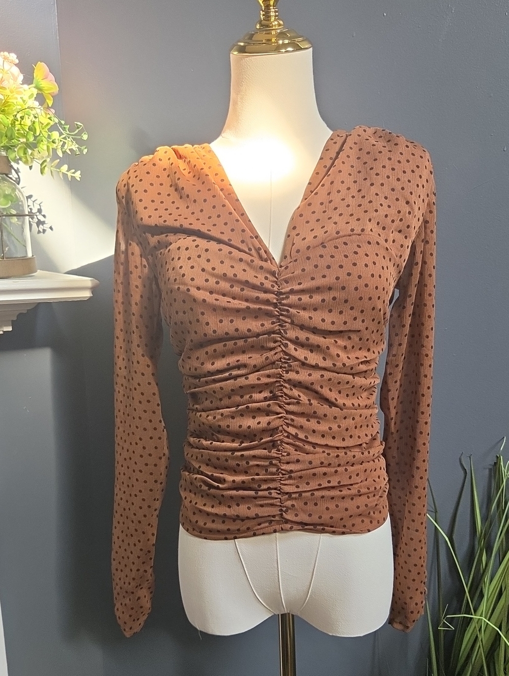 Express Brown Polka Dot Ruched Long-Sleeve Top